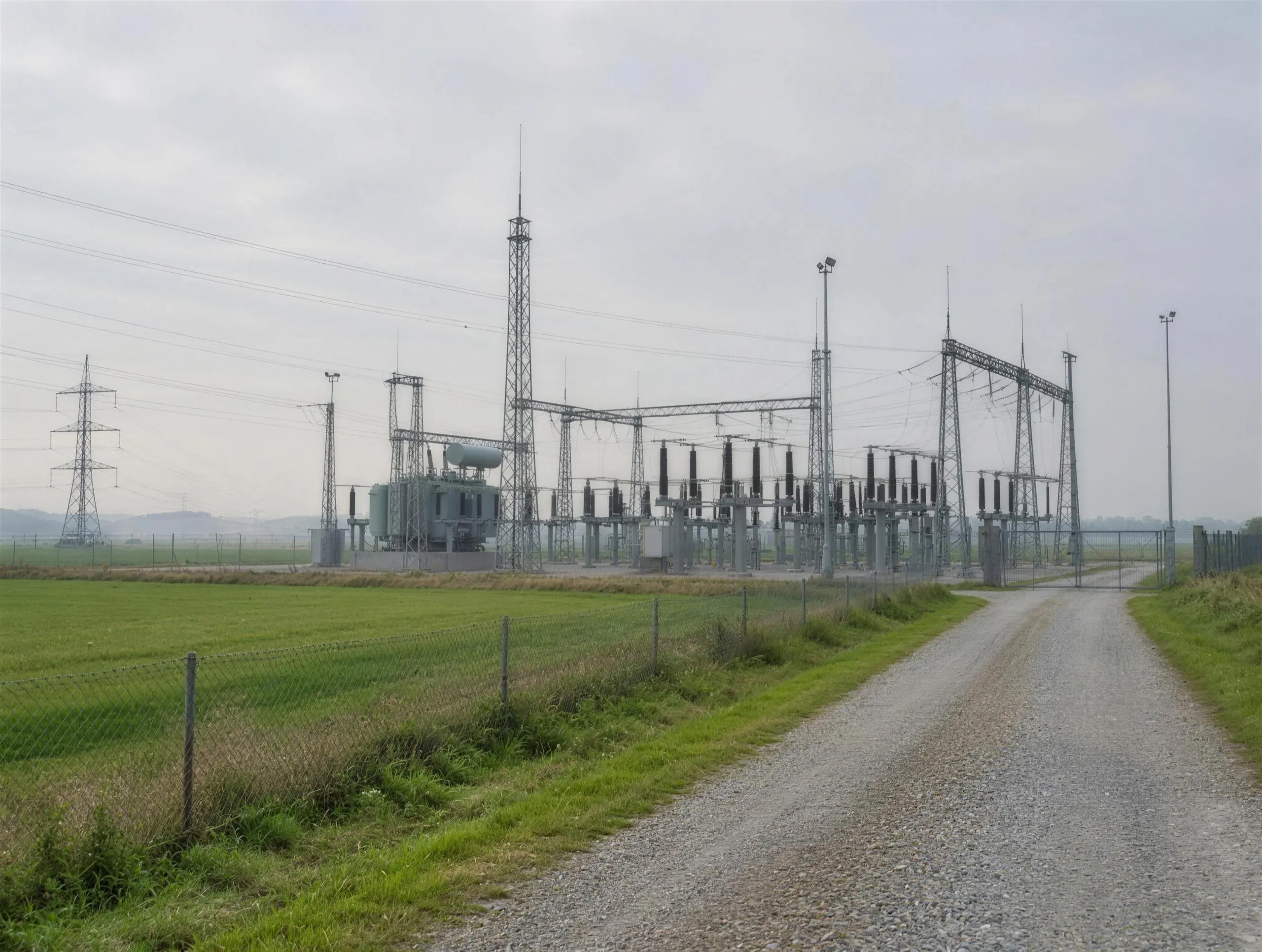 Transformerstation i et fladt, grønt landskab med grusvej og hegn i let morgendis